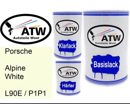 Porsche, Alpine White, L90E / P1P1: 500ml Lackdose + 500ml Klarlack + 250ml Härter - Set, von ATW Autoteile West.